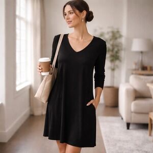 Chicos Travelers Black V-Neck Long Sleeve Slinky Knit Tunic Mini Dress Size L